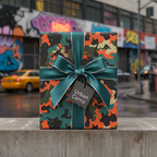 Urban camo gift wrap with teal ribbon and bow for birthdays or special occasions.