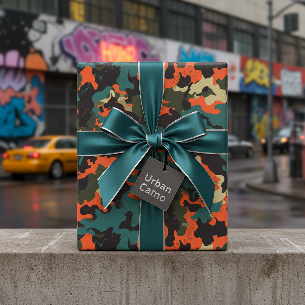 Urban camo gift wrap with teal ribbon and bow for birthdays or special occasions.