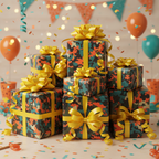 Gifts wrapped in colorful camo wrapping paper with bright yellow bows for a fun birthday celebration.