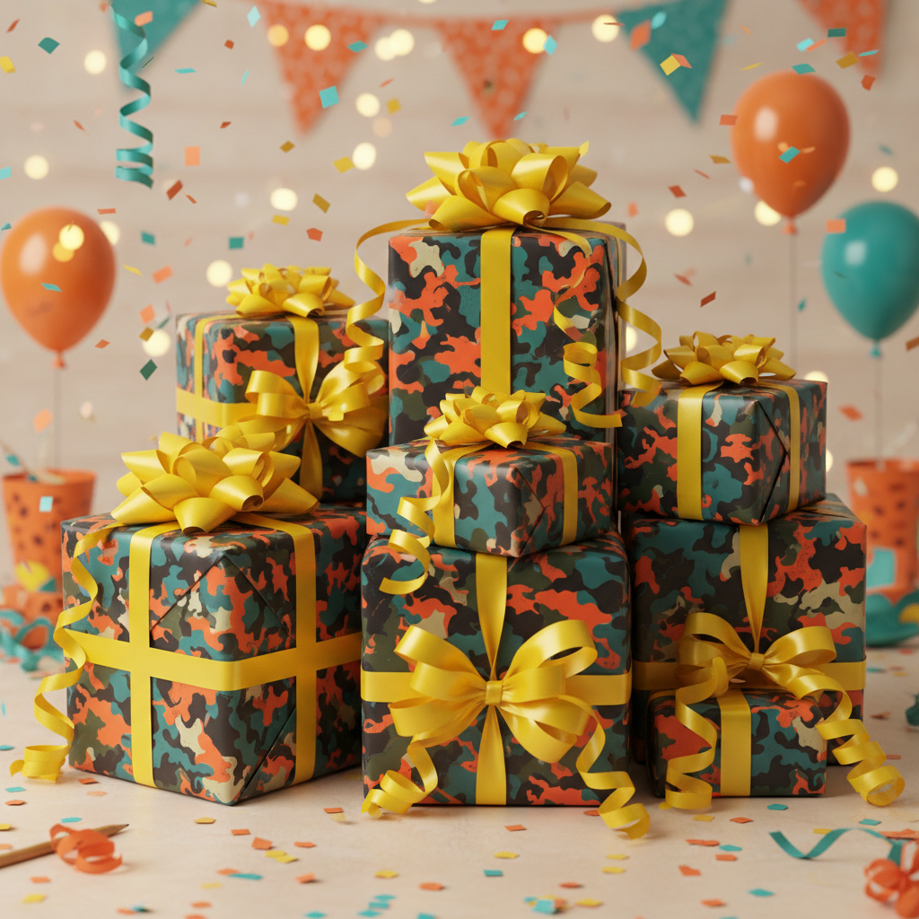 Gifts wrapped in colorful camo wrapping paper with bright yellow bows for a fun birthday celebration.