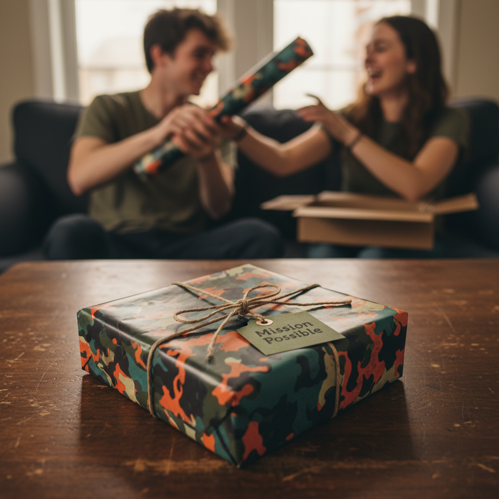 Camouflage wrapping paper on a gift with twine bow; couple exchanges presents in background.