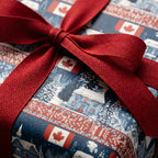 Canadian Christmas wrapping paper featuring winter cabins and flags with a red bow, by Wrapped Studios.