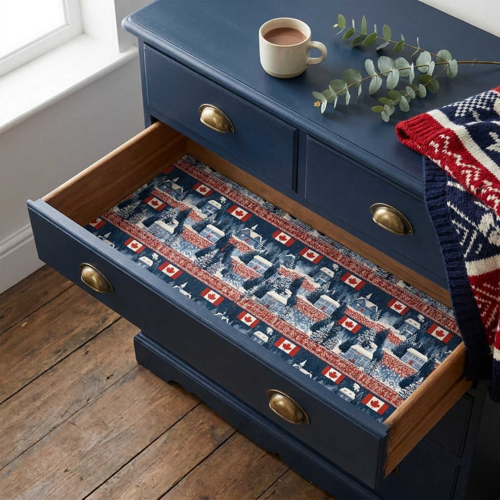 Canadian winter cabin wrapping paper lining a navy blue dresser drawer, by Wrapped Studios.