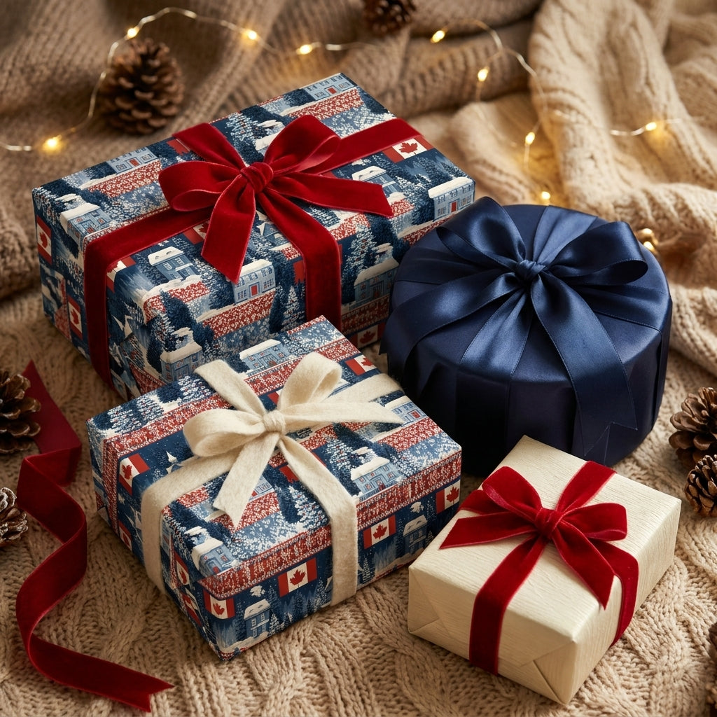 Luxury Christmas gift wrap with a cozy winter village pattern and velvet bows by Wrapped Studios.