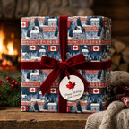 Canadian Christmas wrapping paper with red velvet bow in a cozy fireplace setting by Wrapped Studios.