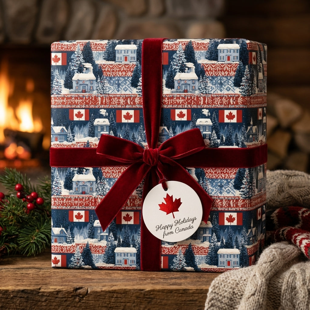 Canadian Christmas wrapping paper with red velvet bow in a cozy fireplace setting by Wrapped Studios.