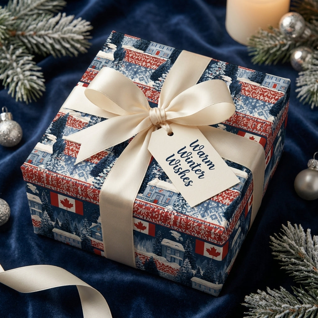Canadian Christmas wrapping paper with winter cabin print and cream bow by Wrapped Studios.