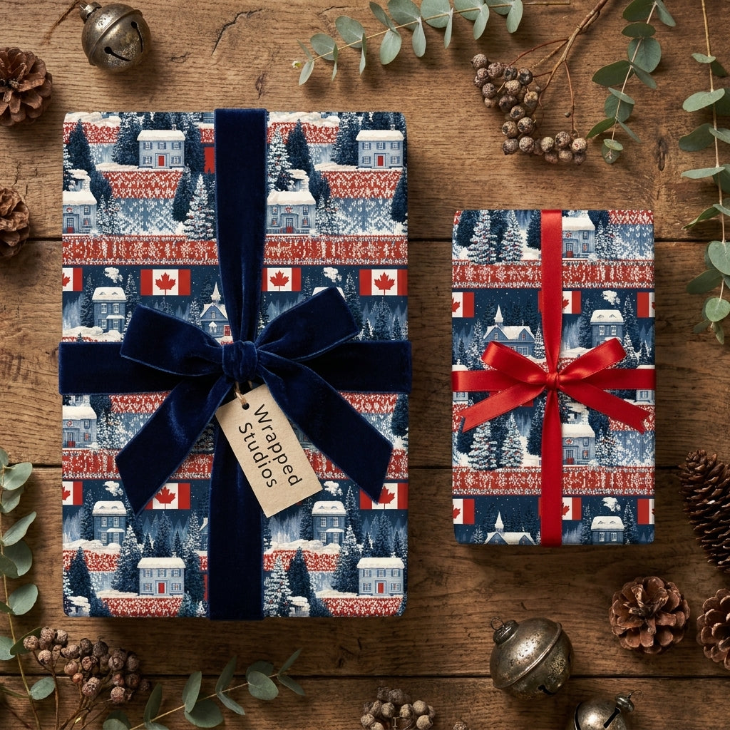 Rustic Christmas wrapping paper with Canadian cabin pattern and blue velvet bow by Wrapped Studios.