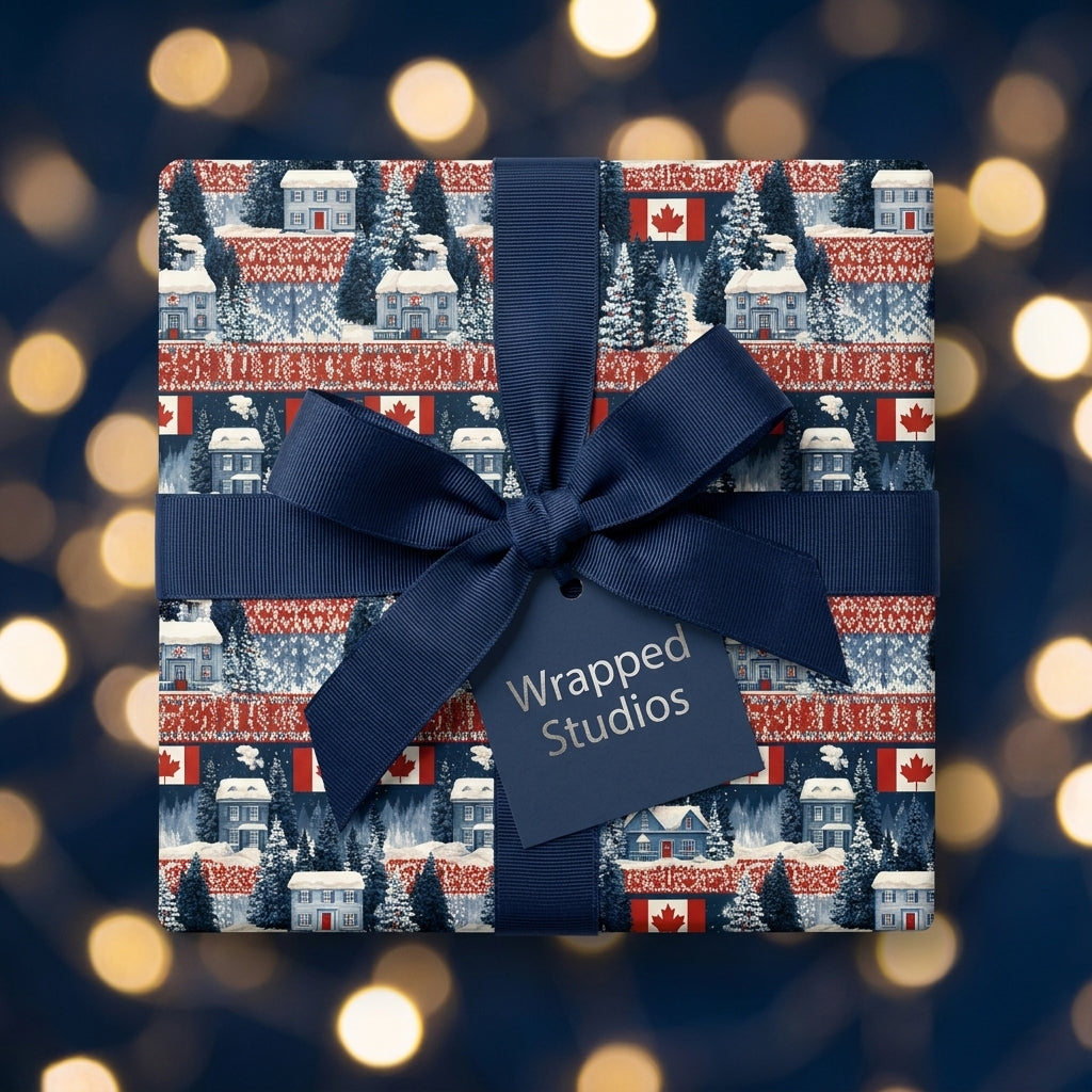 Canadian Christmas wrapping paper with winter cabins and a navy blue bow by Wrapped Studios.