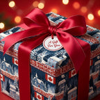 Canadian Christmas wrapping paper with cozy winter cabins, red satin bow, and tag by Wrapped Studios.