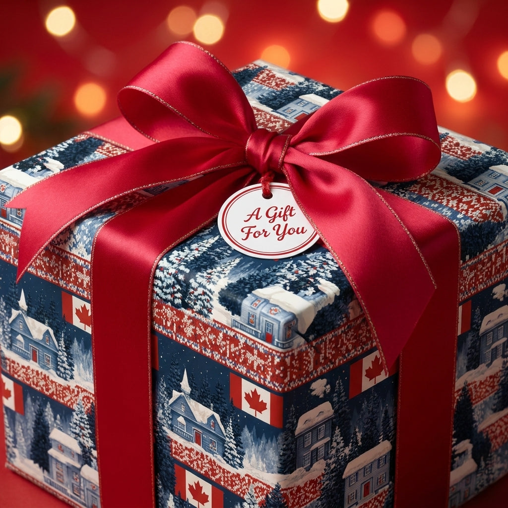 Canadian Christmas wrapping paper with cozy winter cabins, red satin bow, and tag by Wrapped Studios.
