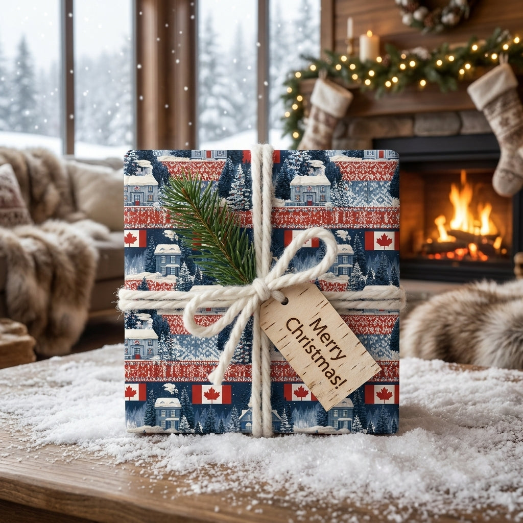 Canadian Christmas wrapping paper with a winter cabin pattern and twine bow by Wrapped Studios.
