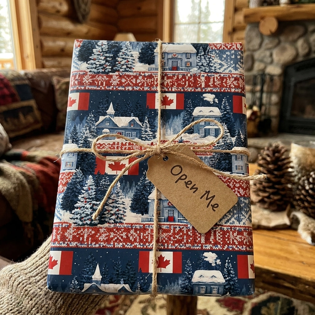 Rustic Canadian winter gift wrap with cabin pattern and twine bow by Wrapped Studios.
