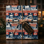 Rustic red and blue Canadian Christmas wrapping paper with winter cabin pattern, by Wrapped Studios.