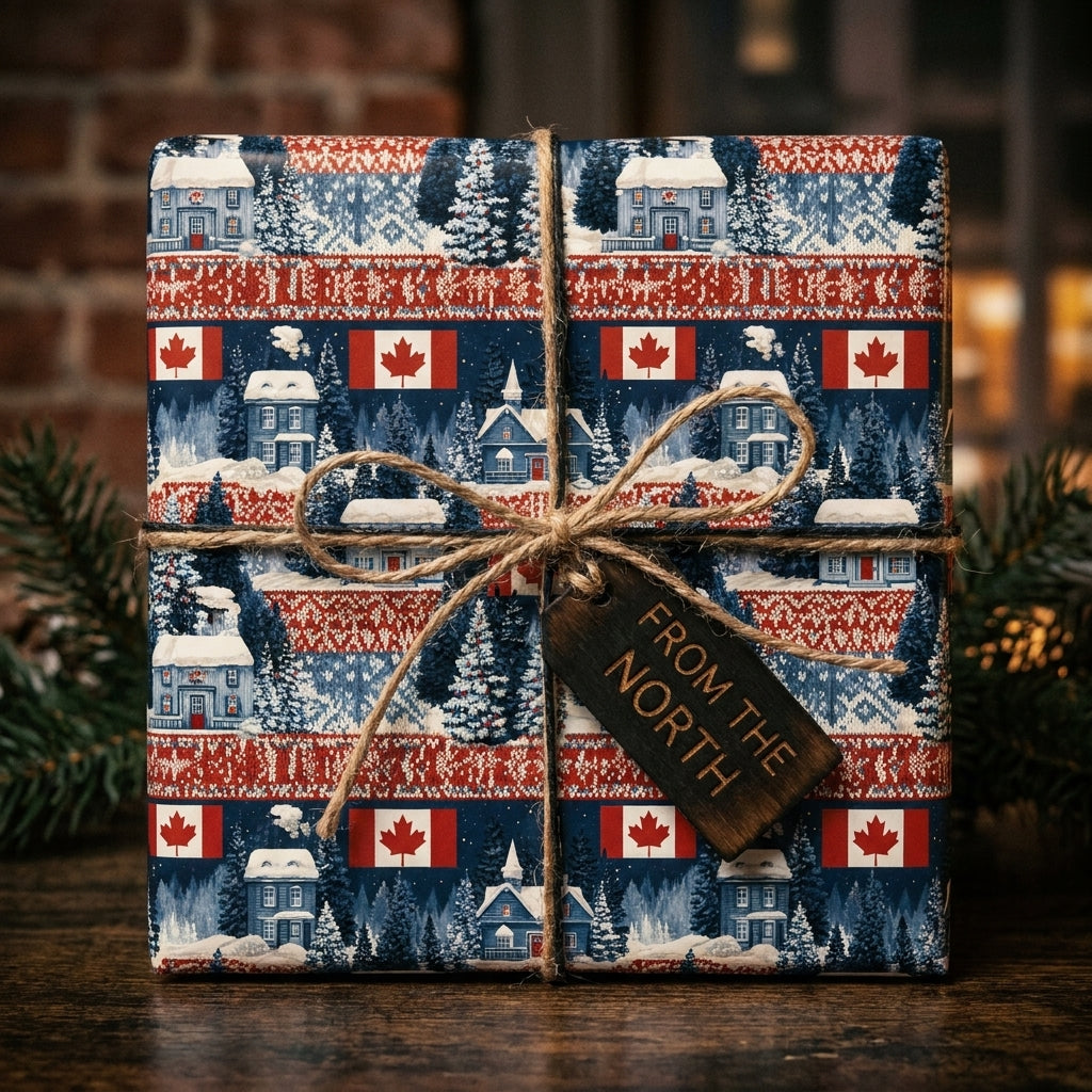 Rustic red and blue Canadian Christmas wrapping paper with winter cabin pattern, by Wrapped Studios.