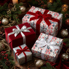 Luxury Christmas gift wrap with vintage holiday pattern and red velvet ribbons by Wrapped Studios.