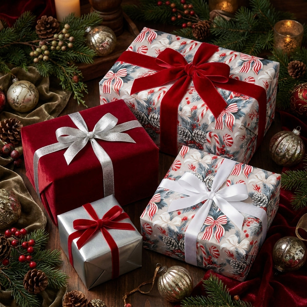 Luxury Christmas gift wrap with vintage holiday pattern and red velvet ribbons by Wrapped Studios.