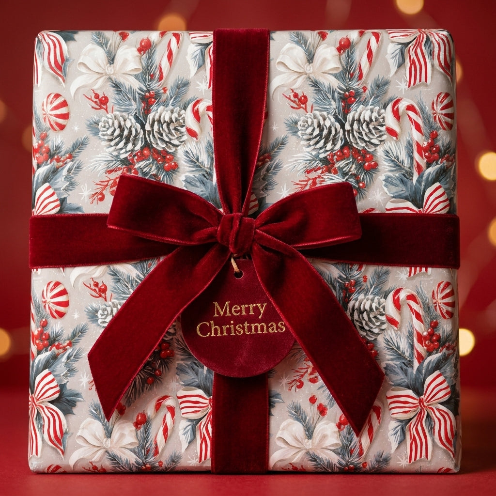 Luxury Christmas gift wrap with vintage candy cane pattern and red velvet bow by Wrapped Studios.