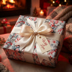 Elegant Christmas wrapping paper with candy canes and a cream satin bow by Wrapped Studios.