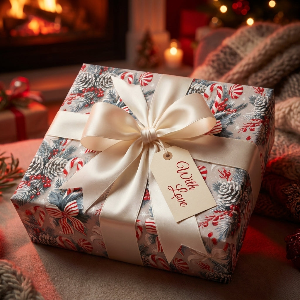 Elegant Christmas wrapping paper with candy canes and a cream satin bow by Wrapped Studios.