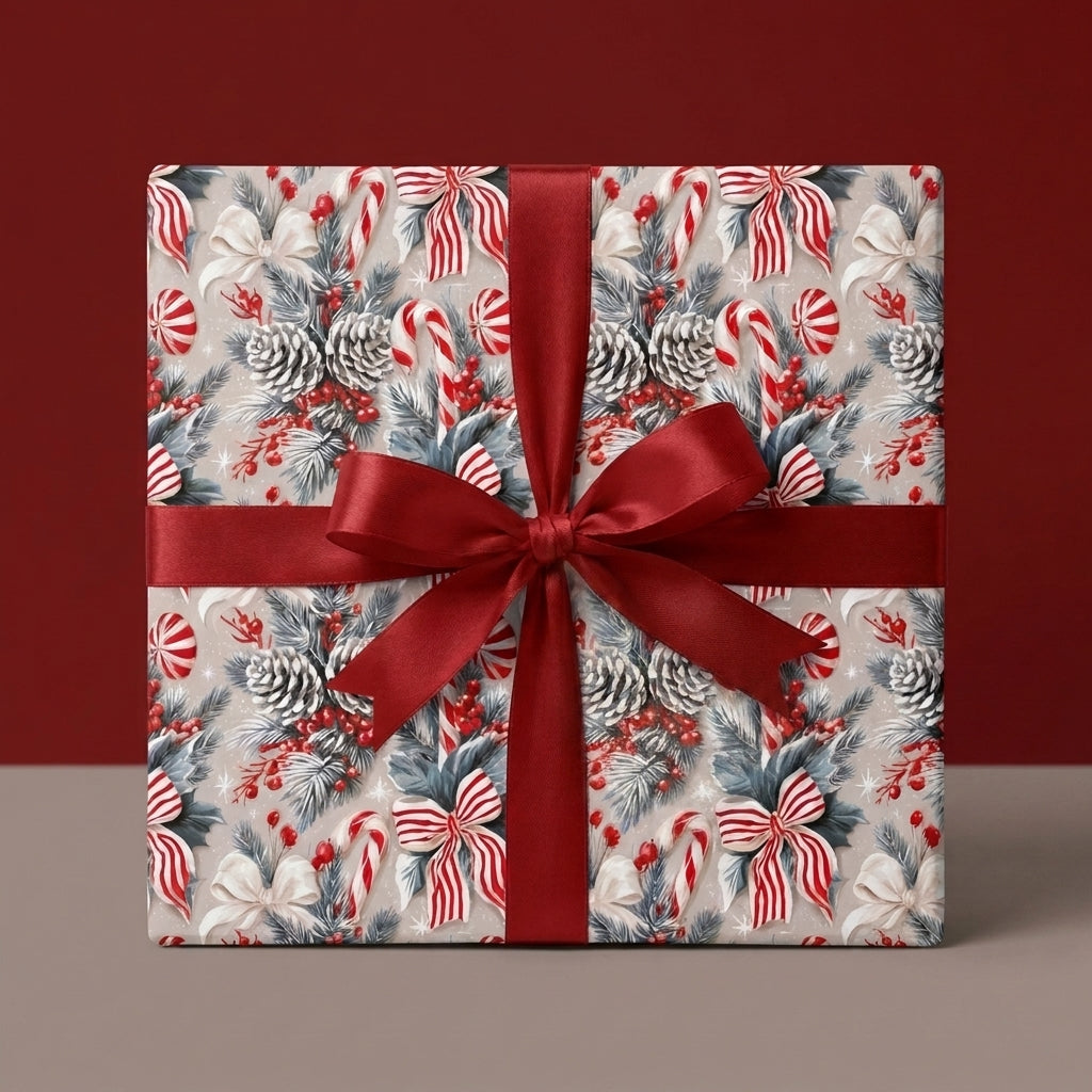 Vintage Christmas wrapping paper with candy canes and pinecones, tied with a red ribbon by Wrapped Studios.