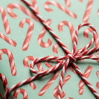 Candy cane Christmas wrapping paper in mint green tied with red and white baker's twine by Wrapped Studios.