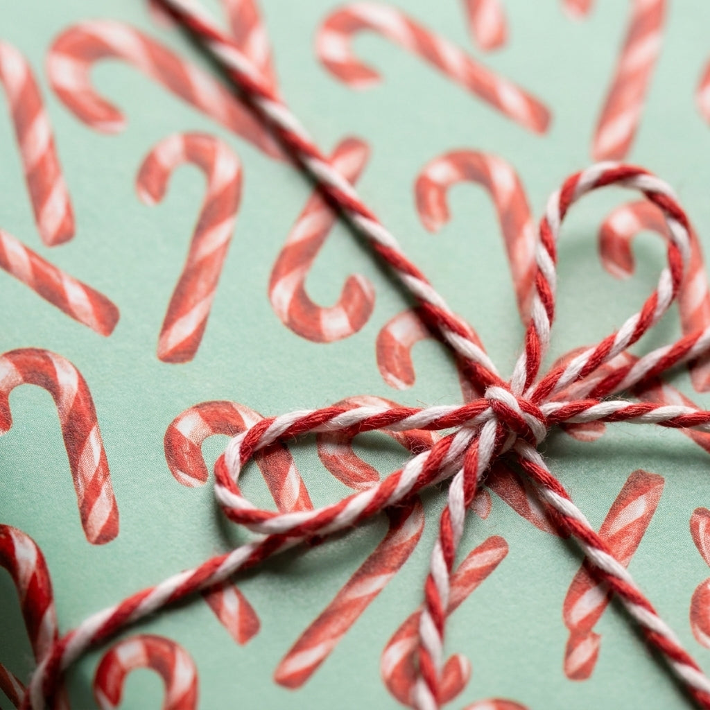 Candy cane Christmas wrapping paper in mint green tied with red and white baker's twine by Wrapped Studios.