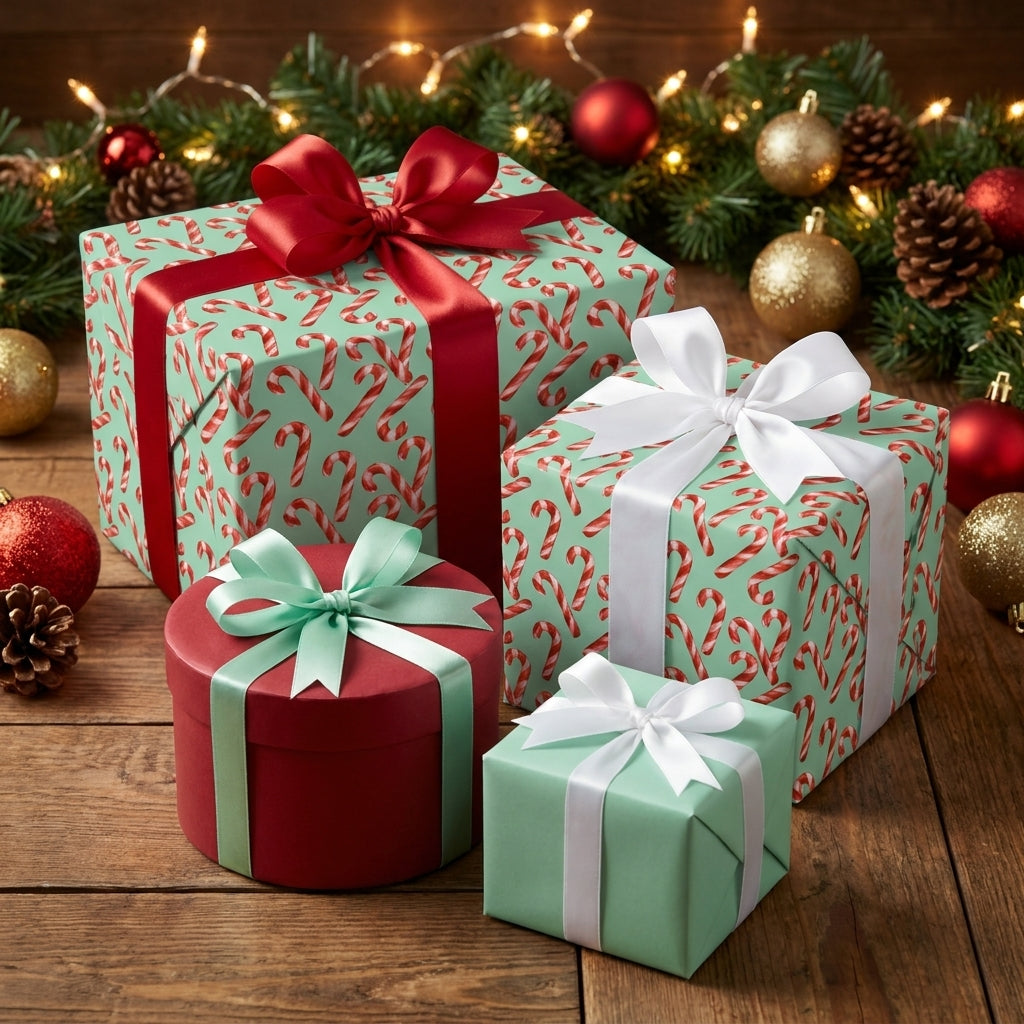 Mint green candy cane Christmas wrapping paper on festive holiday gifts by Wrapped Studios.
