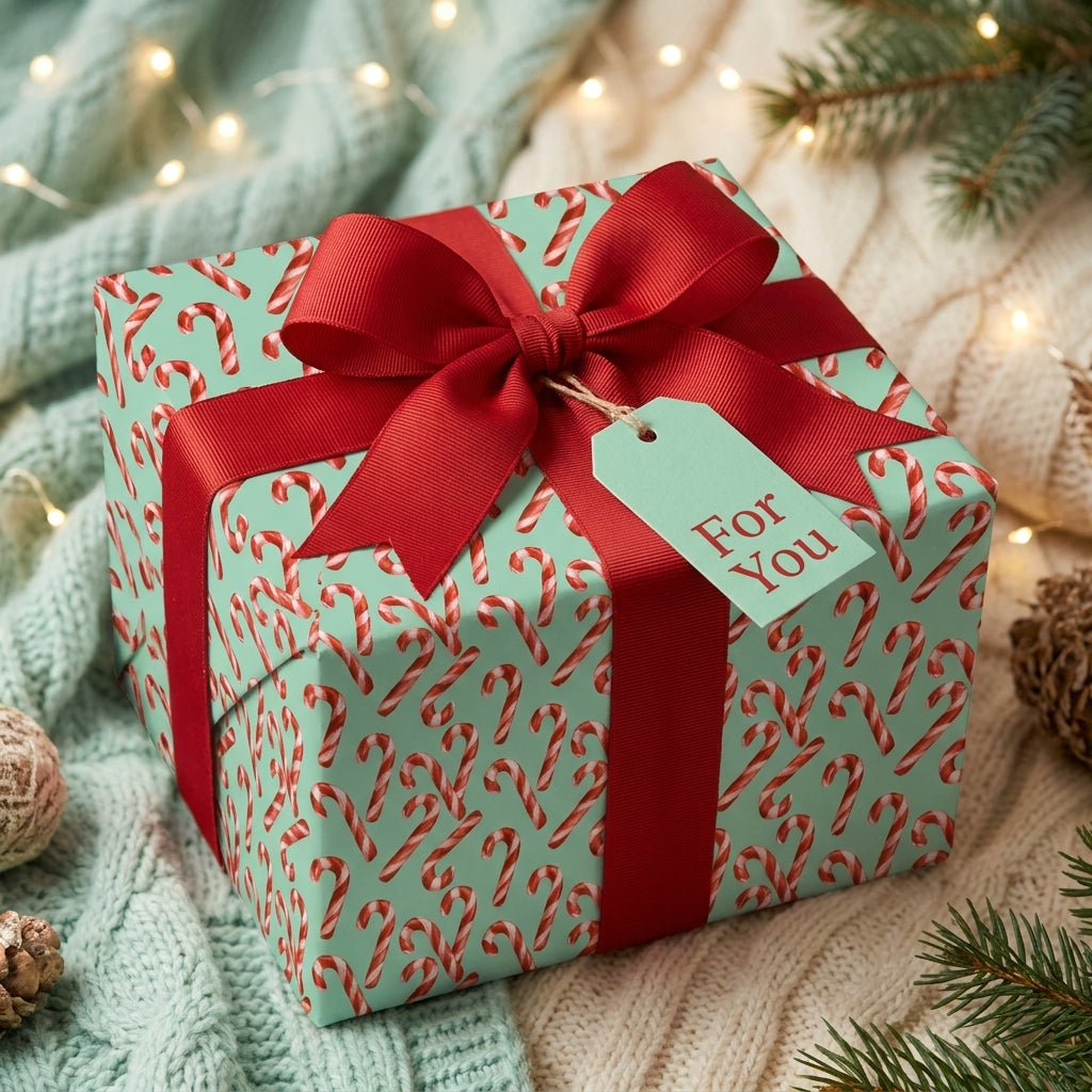 Candy cane Christmas wrapping paper in mint green with a red bow on a cozy holiday gift box by Wrapped Studios.