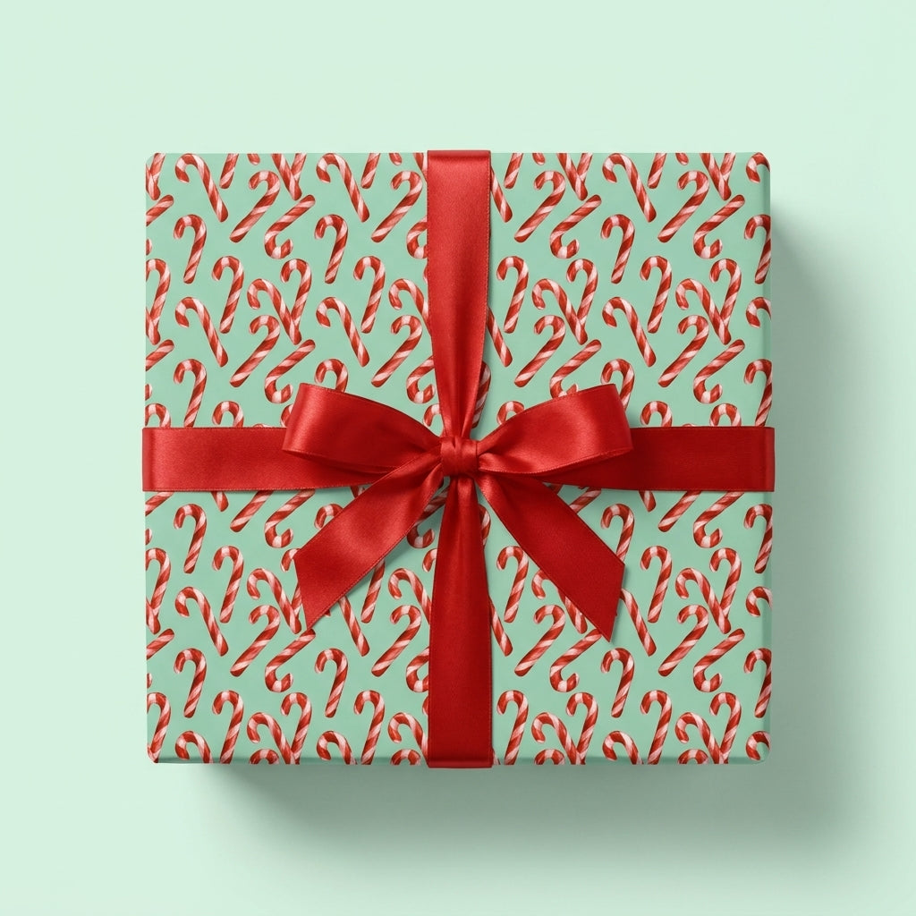 Mint green candy cane Christmas wrapping paper with a red ribbon by Wrapped Studios.
