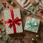 Candy cane Christmas wrapping paper on gifts with red and green ribbons by Wrapped Studios.