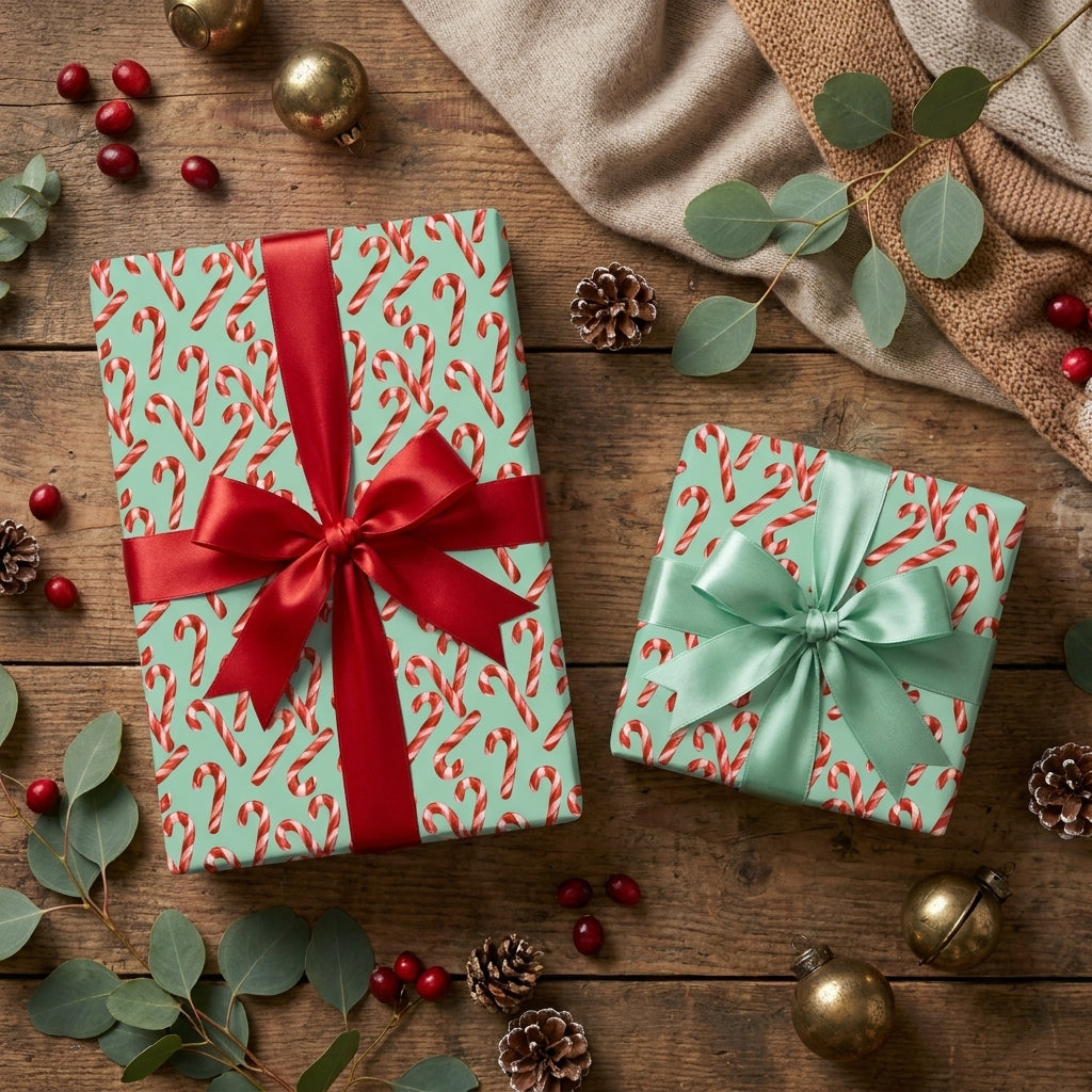Candy cane Christmas wrapping paper on gifts with red and green ribbons by Wrapped Studios.