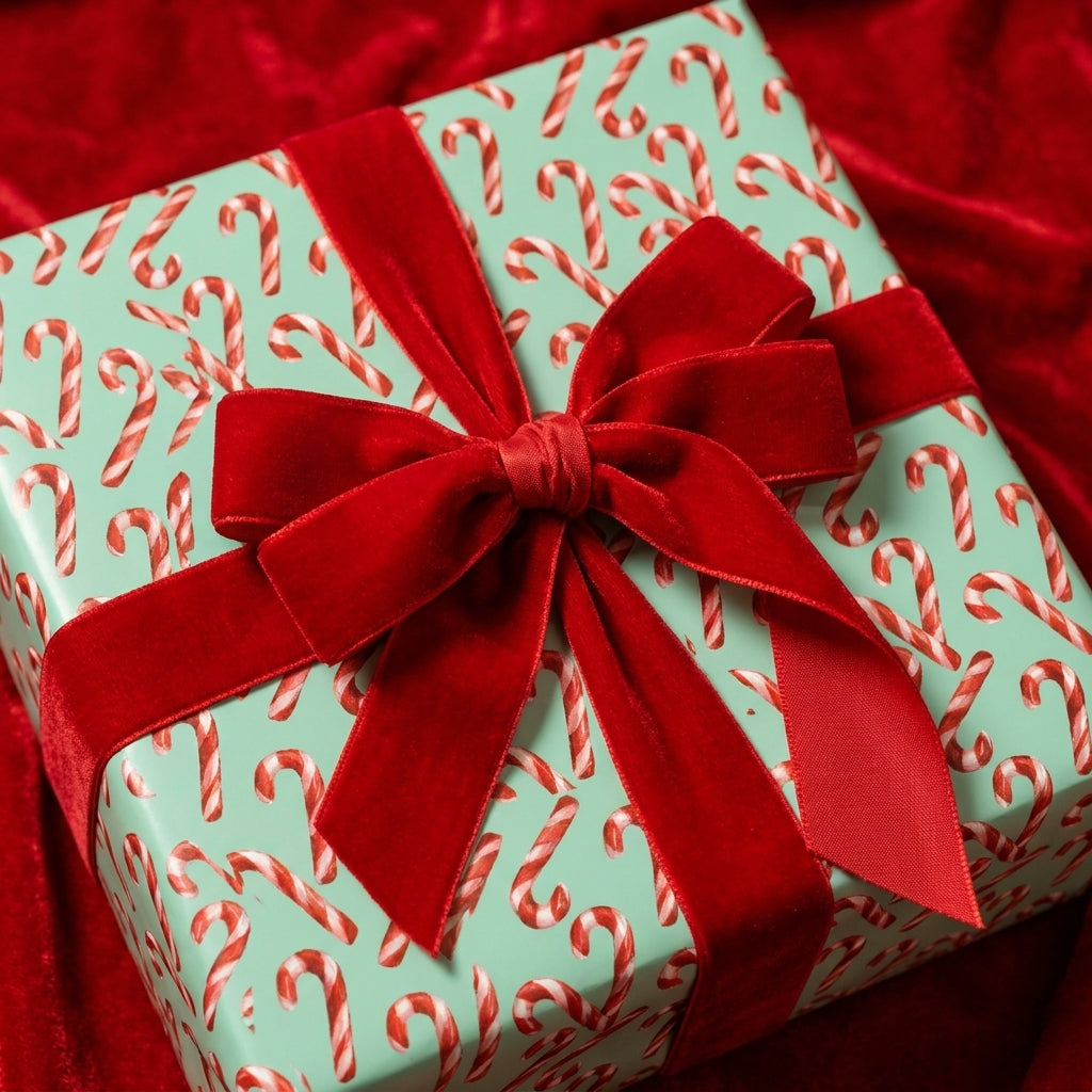 Candy cane Christmas wrapping paper with a red velvet bow on a holiday gift box, by Wrapped Studios.