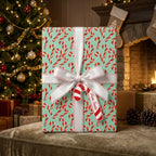 Mint green candy cane Christmas wrapping paper with a white bow by Wrapped Studios.