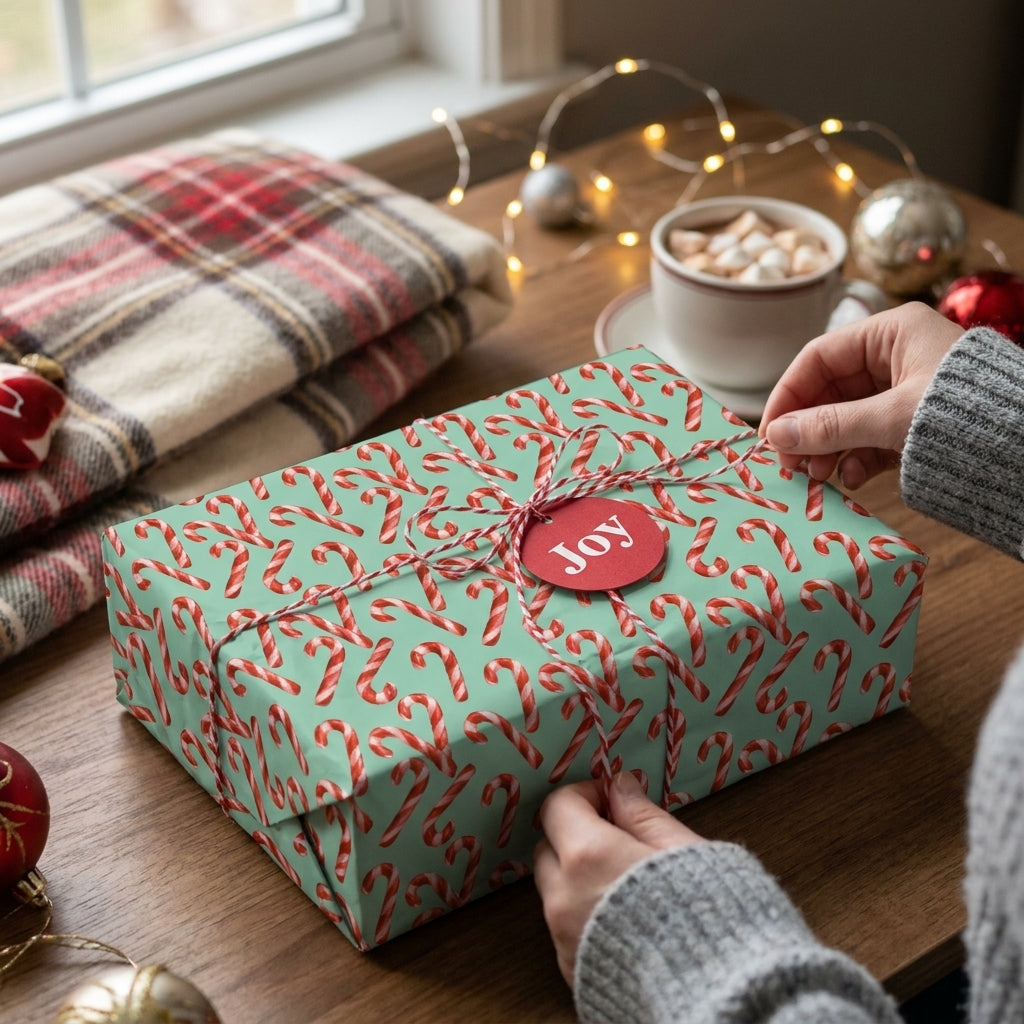 Candy cane Christmas wrapping paper on a holiday gift tied with twine, by Wrapped Studios.