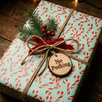 Mint candy cane Christmas gift wrap with a rustic "No Peeking" tag, by Wrapped Studios.