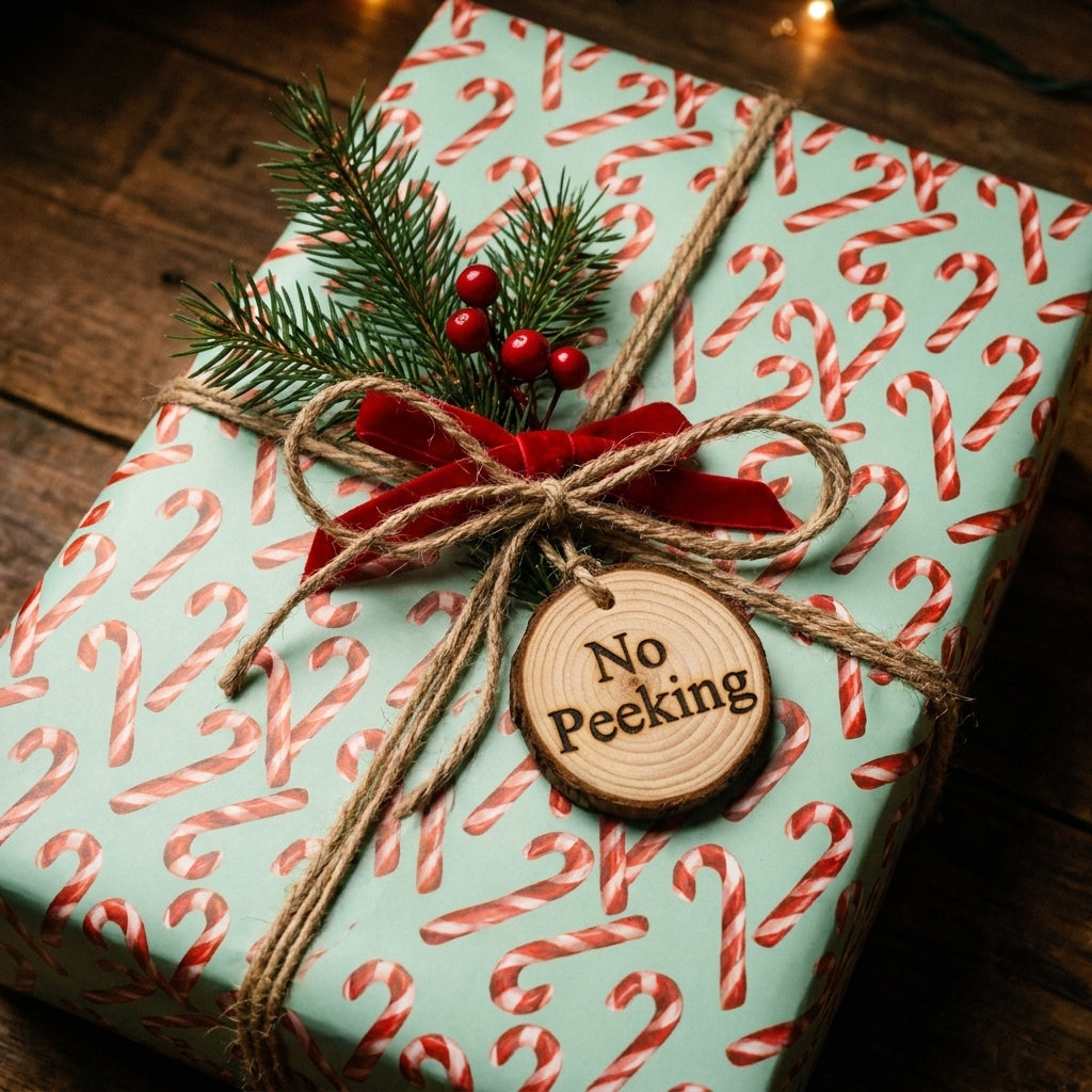 Mint candy cane Christmas gift wrap with a rustic "No Peeking" tag, by Wrapped Studios.