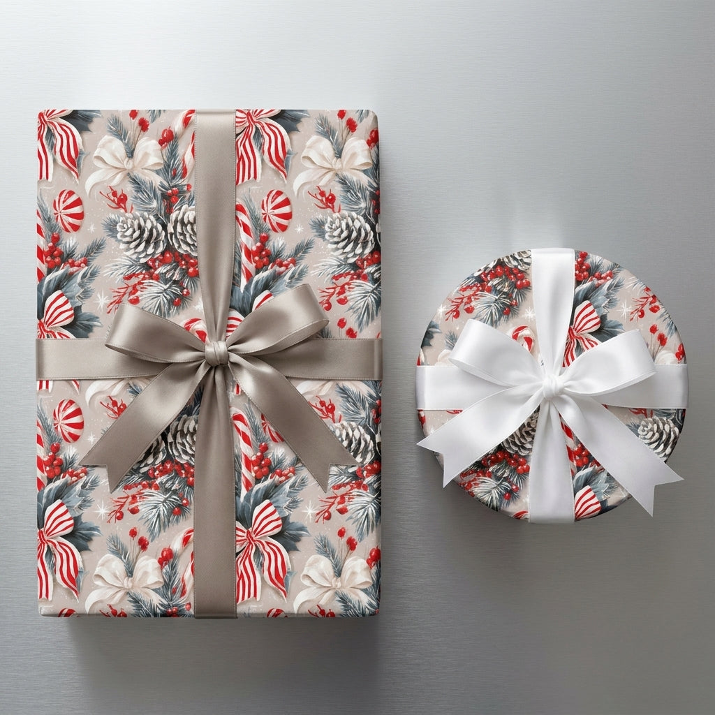 Vintage Christmas wrapping paper with pinecones and candy canes on gift boxes by Wrapped Studios.