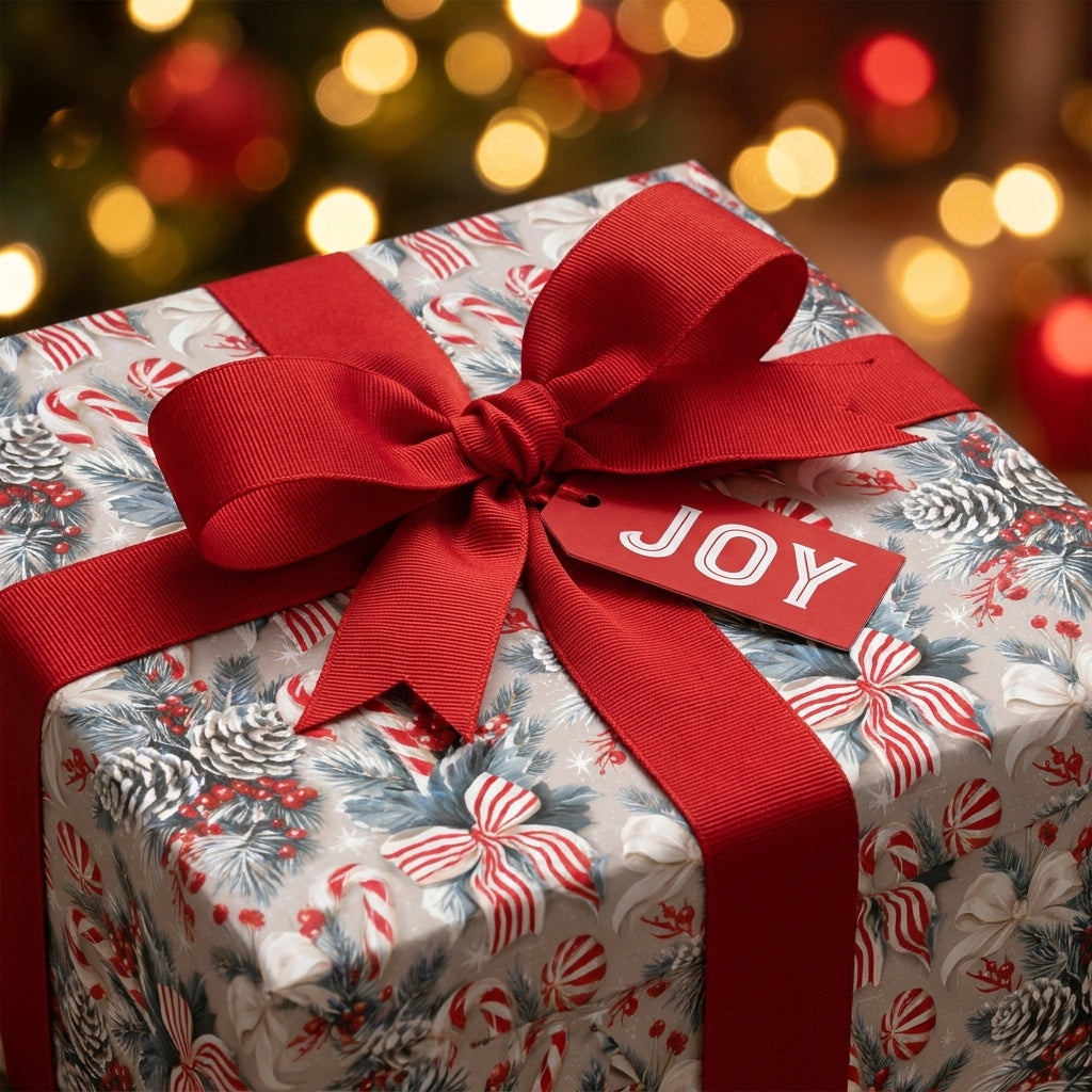 Vintage Christmas wrapping paper by Wrapped Studios, featuring red bow, Joy tag, and pinecone pattern.