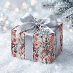 Vintage Christmas wrapping paper with pinecone pattern and silver bow in snow by Wrapped Studios.