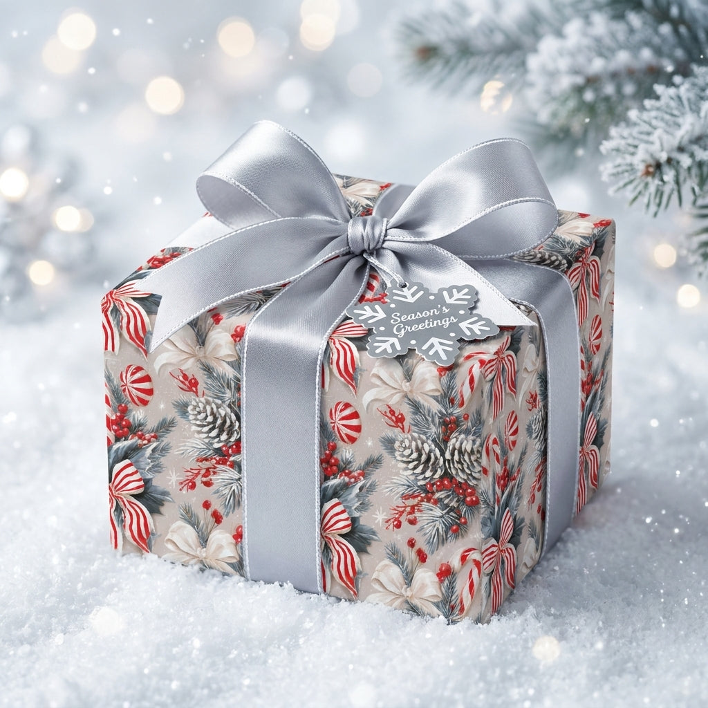 Vintage Christmas wrapping paper with pinecone pattern and silver bow in snow by Wrapped Studios.