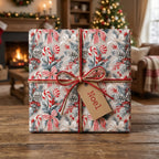 Vintage Christmas wrapping paper with a candy cane and pinecone pattern, by Wrapped Studios.