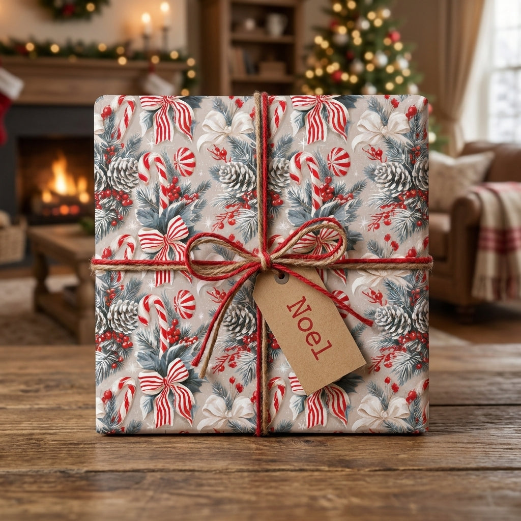 Vintage Christmas wrapping paper with a candy cane and pinecone pattern, by Wrapped Studios.