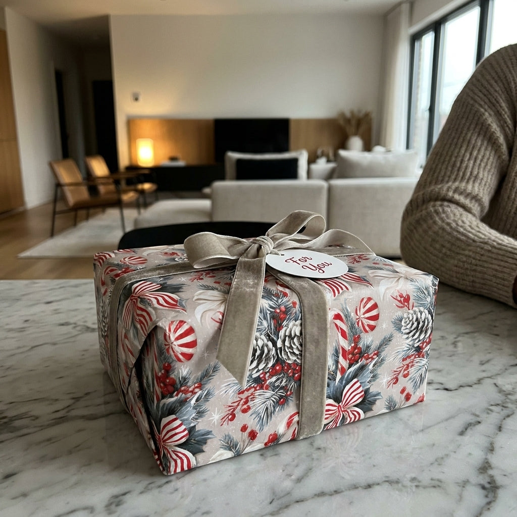Vintage Christmas wrapping paper with festive pinecone pattern and velvet ribbon by Wrapped Studios.