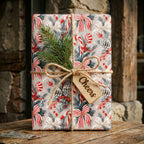 Rustic Christmas wrapping paper with candy cane print, tied with twine by Wrapped Studios.