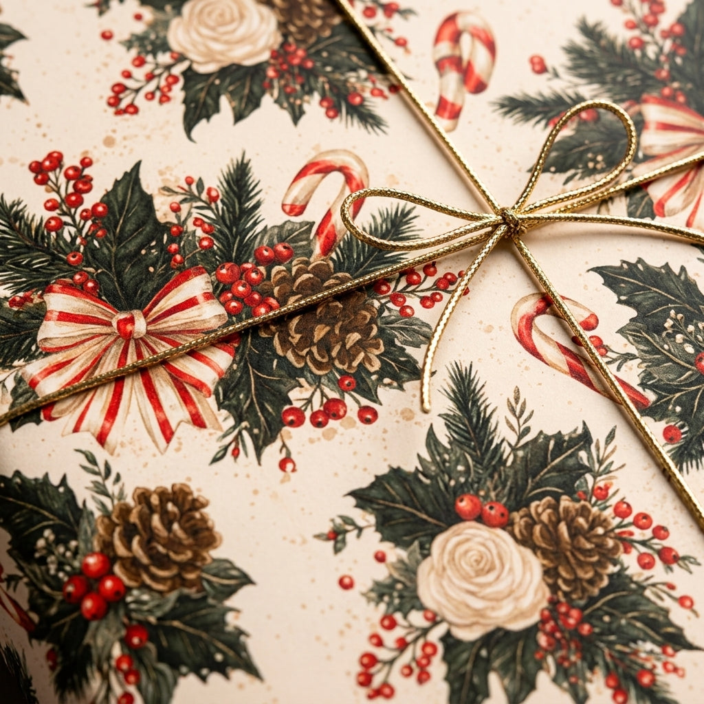Vintage Christmas wrapping paper with floral pinecone pattern and gold string bow by Wrapped Studios.