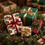 Luxury Christmas wrapping paper and vintage botanical gift wrap with velvet bows by Wrapped Studios.
