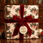 Vintage Christmas gift wrap with a candy cane pattern and red velvet bow by Wrapped Studios.