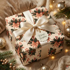 Vintage Christmas wrapping paper with a festive pine pattern and cream satin bow by Wrapped Studios.