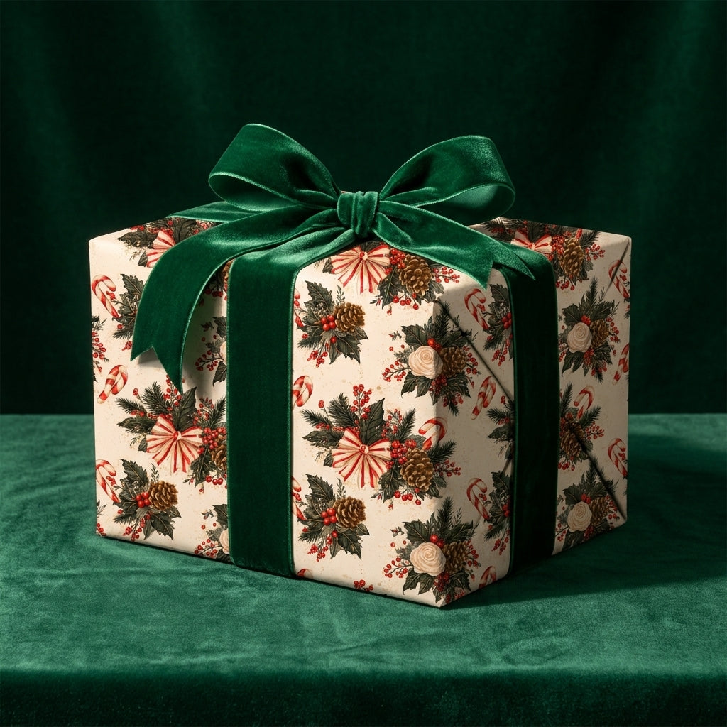 Vintage Christmas wrapping paper with a botanical pinecone pattern and green velvet bow by Wrapped Studios.